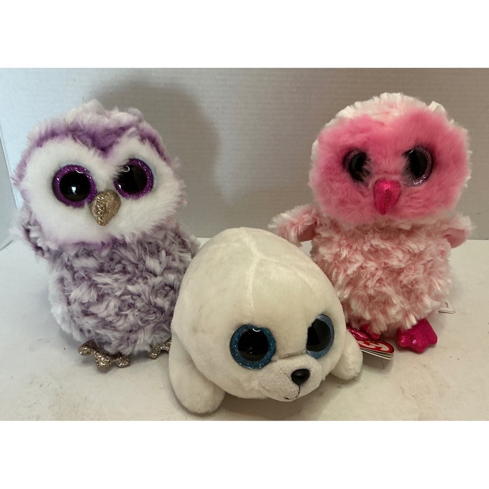 Ty Beanie Boos Plush Lot 3 Owls Seal Twiggy Moonlight Icy Small Glitter Eyes 6in